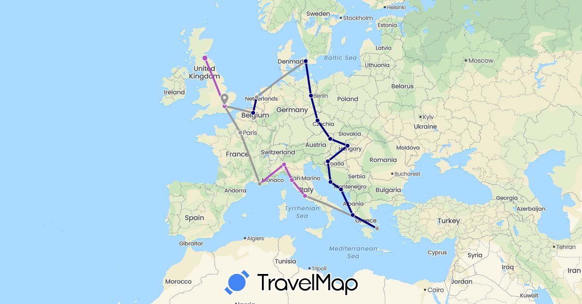 TravelMap itinerary: driving, plane, train in Austria, Belgium, Czech Republic, Germany, Denmark, France, United Kingdom, Greece, Croatia, Hungary, Italy, Netherlands, Vatican City (Europe)