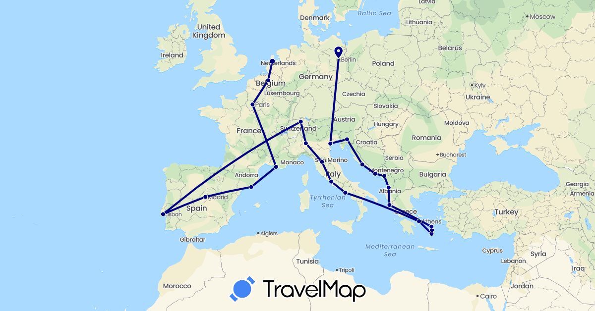 TravelMap itinerary: driving in Albania, Belgium, Switzerland, Germany, Spain, France, Greece, Croatia, Italy, Montenegro, Netherlands, Portugal, Slovenia, Vatican City (Europe)